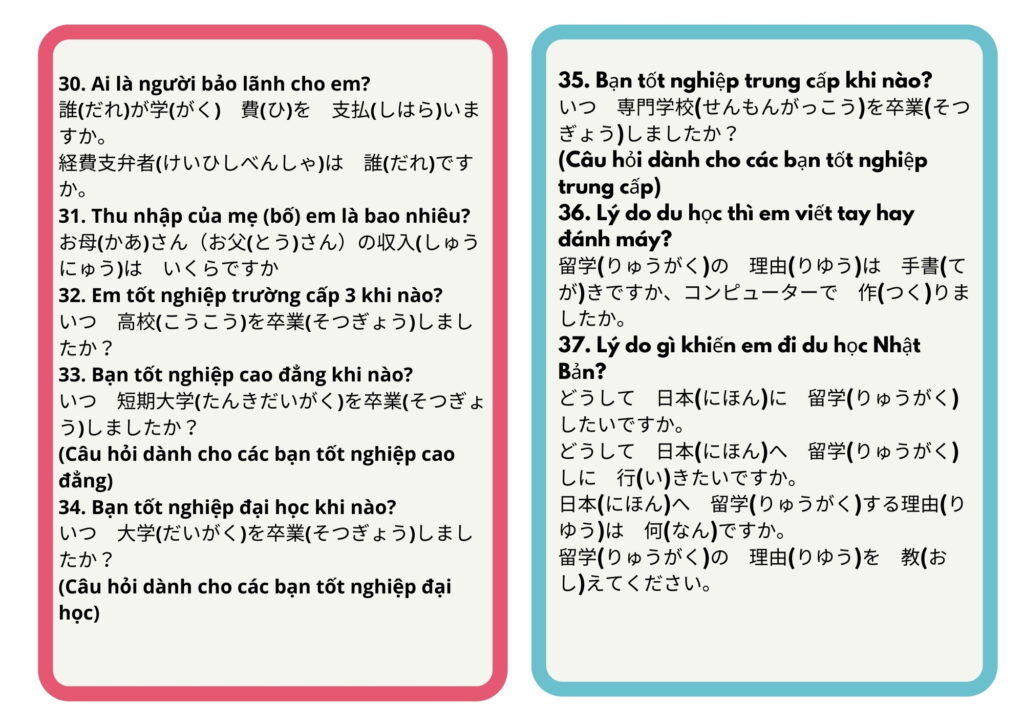 Câu hỏi mẫu khi cục xuất nhập cảnh nhật gọi điện