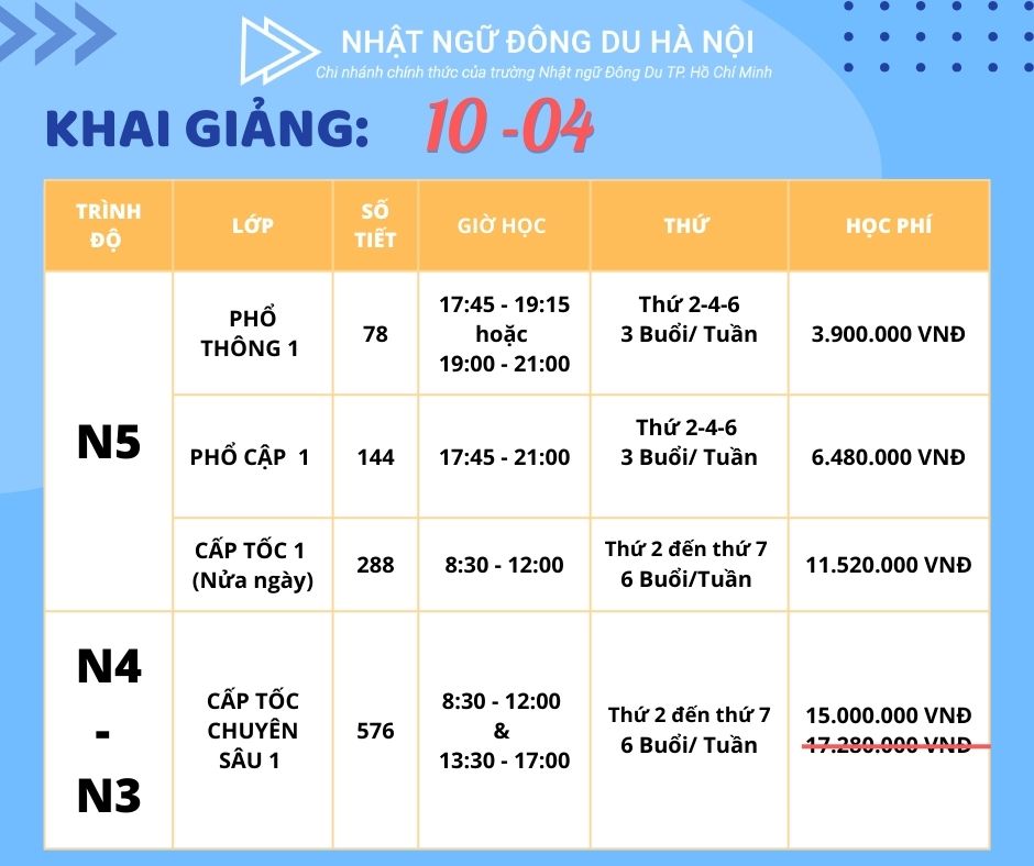 Lịch khai giảng khoá học mới Đông Du Hà Nội 3 Lịch khai giảng khoá tiếng Nhật tháng 4