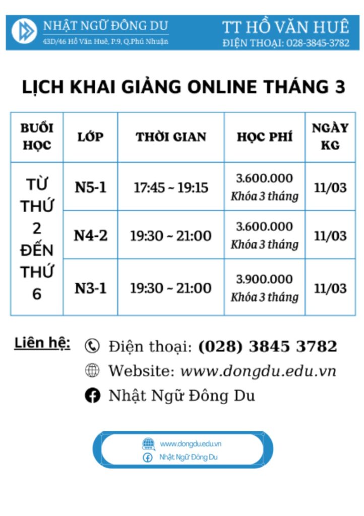 Lich khai giang lop online - Đông Du Hà Nội